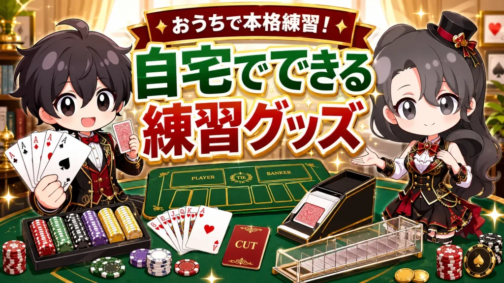 カジノ、ディーラー、練習、グッズ、道具、トランプ、カード、チップ、トレー、ボタン、オールイン、スペーサー、ディスカード、ラック、カット、レイアウト
