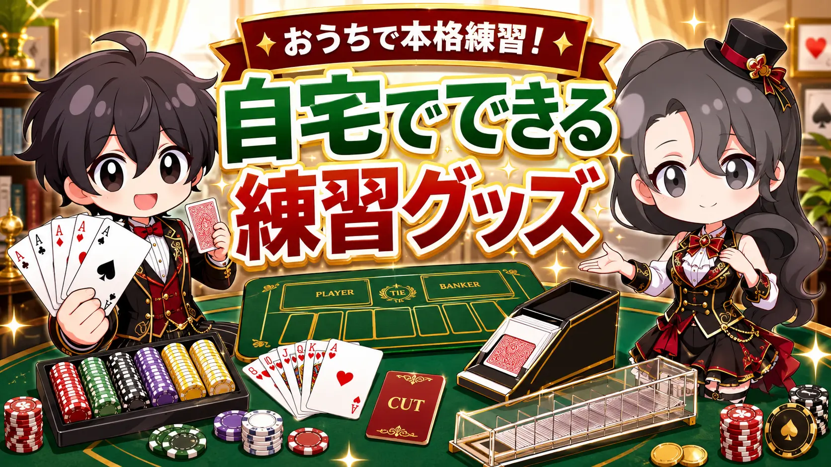 カジノ、ディーラー、練習、グッズ、道具、トランプ、カード、チップ、トレー、ボタン、オールイン、スペーサー、ディスカード、ラック、カット、レイアウト