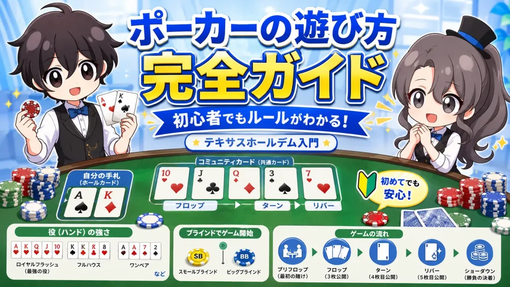 ポーカー 、遊び方、ルール 、テキサスホールデム、カジノディーラー、ベット、コール、レイズ、フォールド、チェック、オールイン、オプション