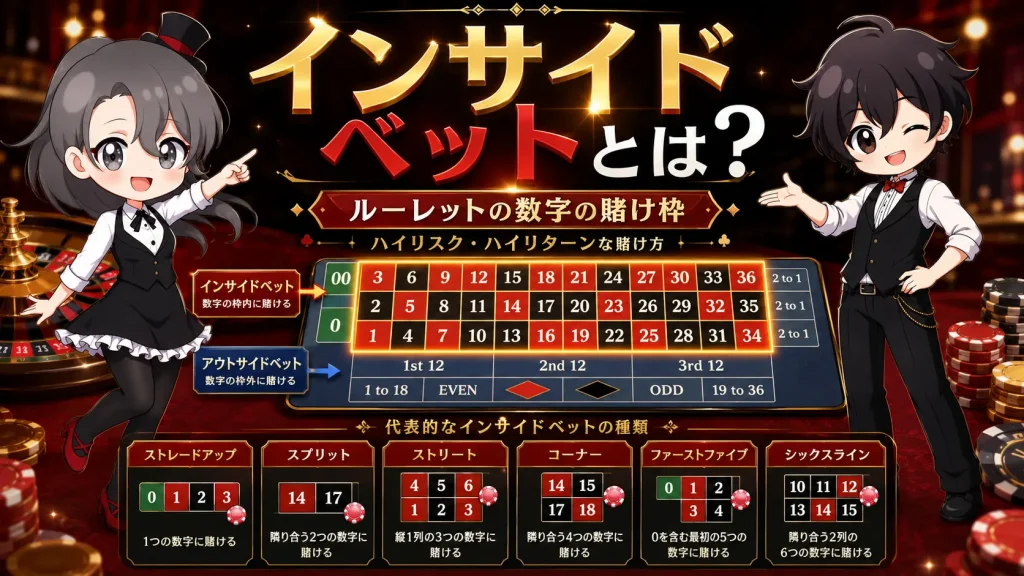 インサイドベット、アウトサイドベット、ストレートアップ、スプリット、ストリート、コーナー、ファーストファイブ、シックスライン、ダブルライン、バスケット
