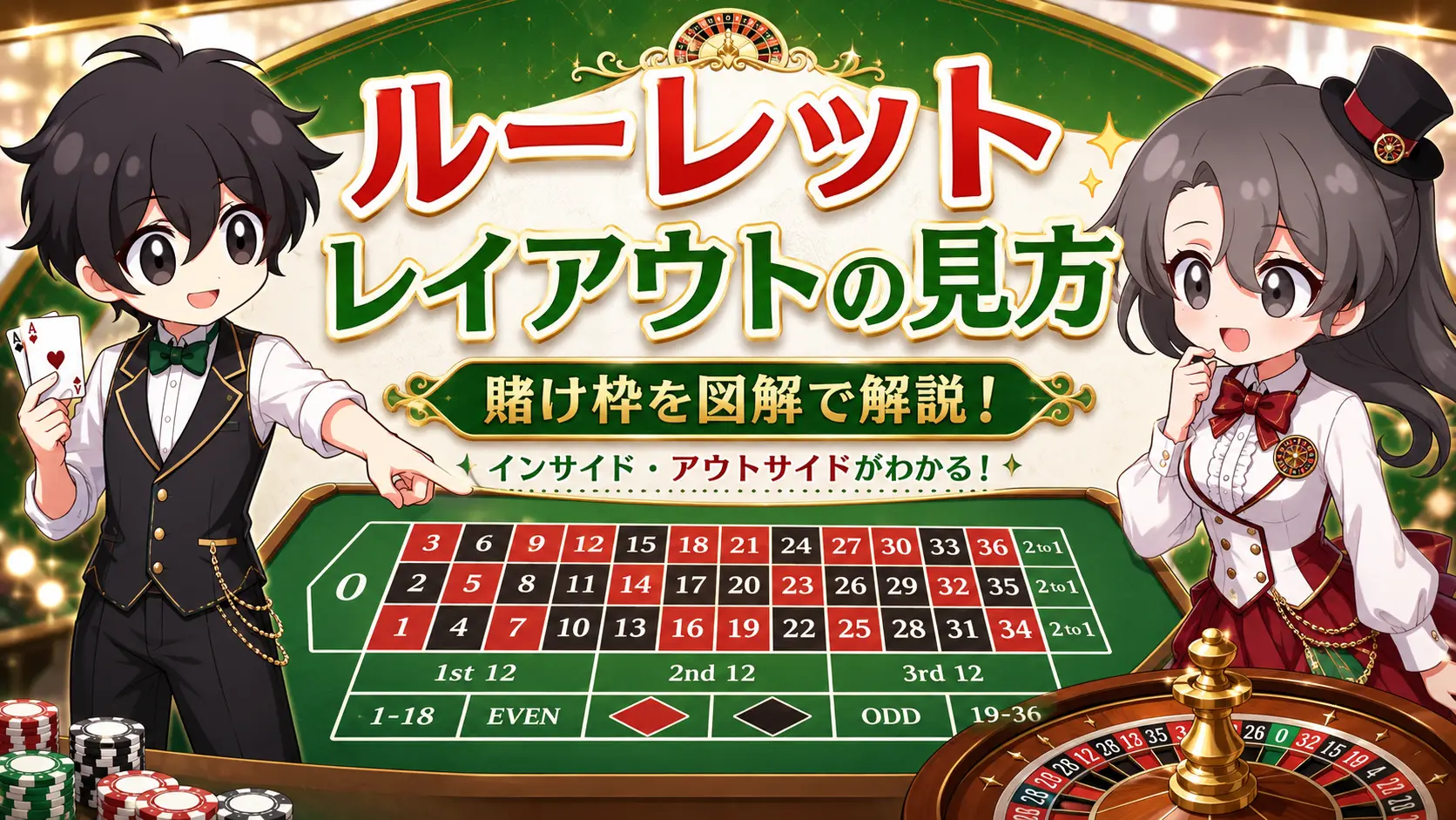 ルーレット、レイアウト、賭け枠、見方、カジノ、ディーラー
