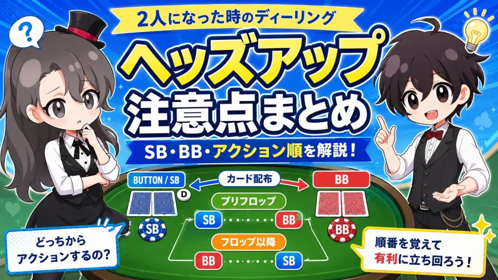 ポーカー、テキサスホールデム、ディーラー、基本、ディーリング、ヘッズアップ、アクション