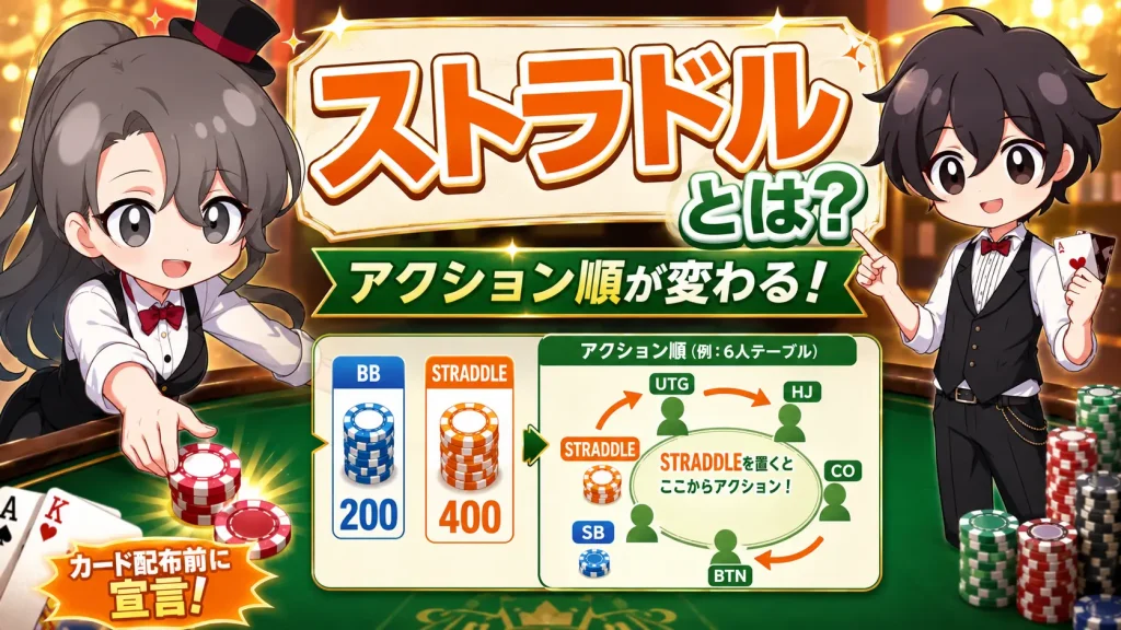 ポーカー、テキサスホールデム、カジノ、ディーラー、ストラドル