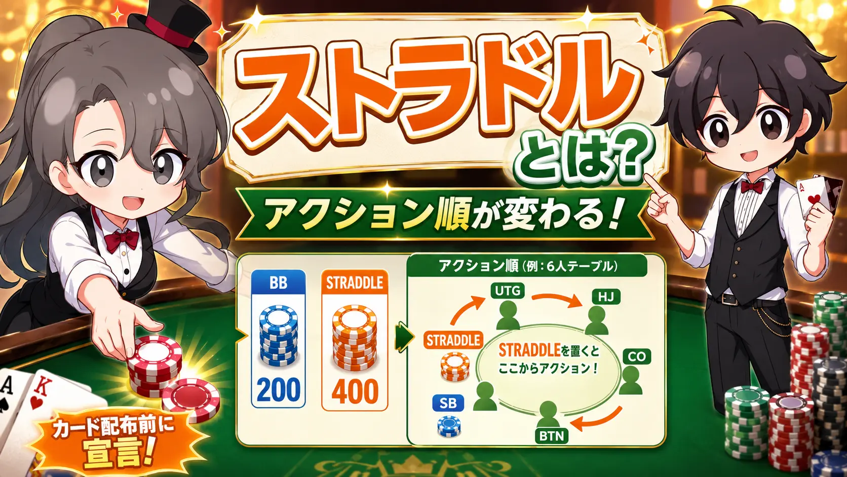 ポーカー、テキサスホールデム、カジノ、ディーラー、ストラドル