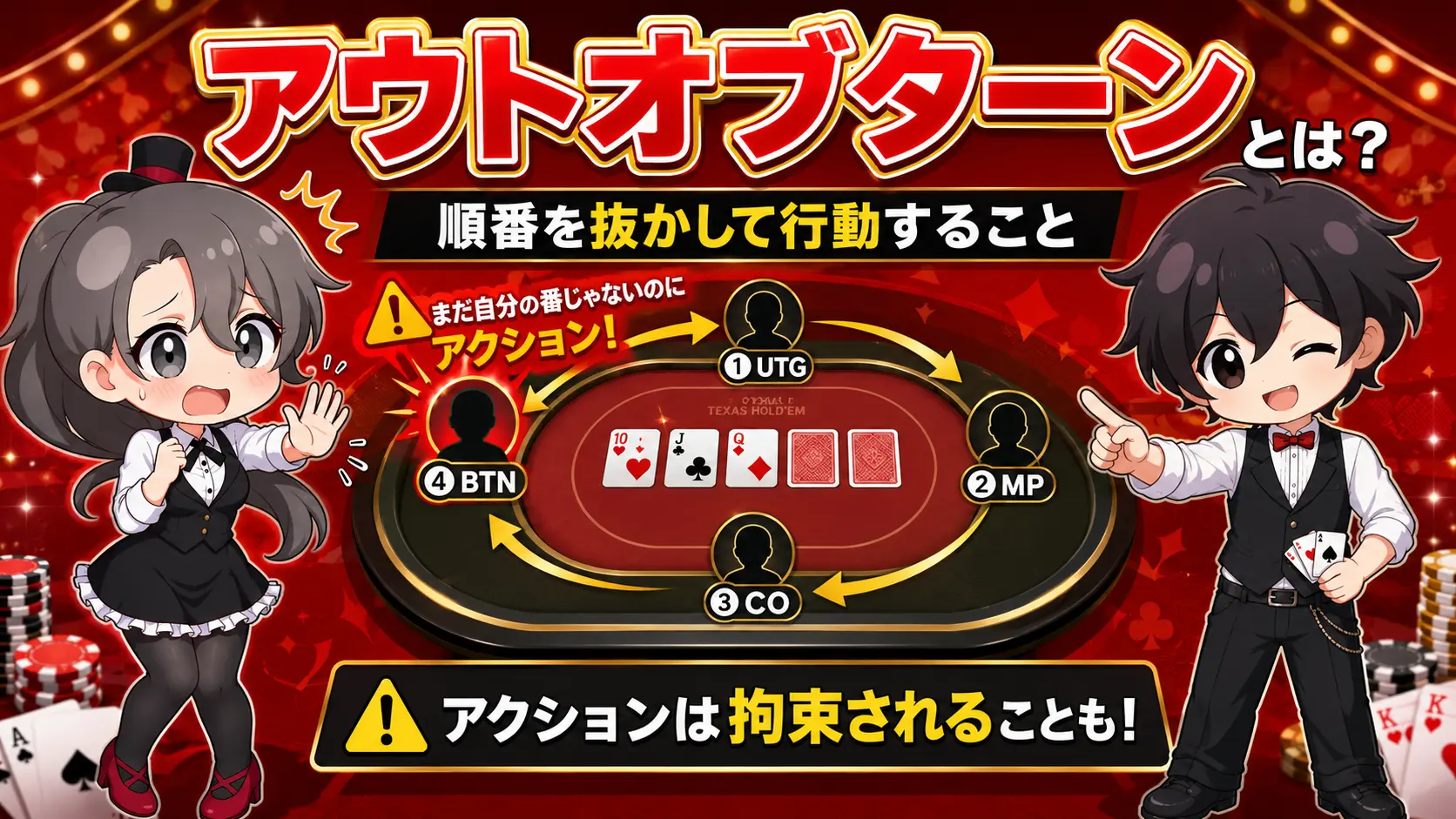 アウトオブターン、ポーカー、テキサスホールデム、カジノ、マナー、順番
