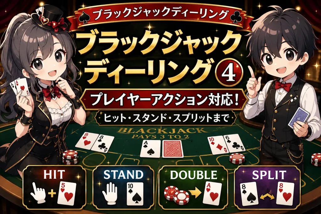 カジノ、ブラックジャック、ディーリング、イニシャルディール、ヒット、スタンド、ダブルダウン、スプリット、サレンダー、インシュアランス