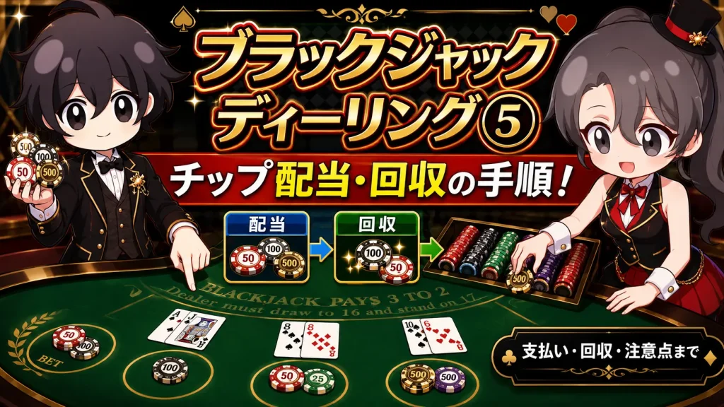 カジノ、ディーラー、ブラックジャック、ディーリング、チップ、配当、回収、デノミ、デノミネーション、ドロップカット、サイジング