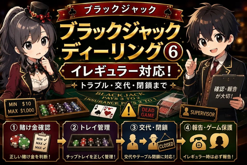 カジノ、ブラックジャック、ディーリング、ディーラー、チップトレイ、デッドゲーム、ベット、ミニマム、マキシマム、交代、賭け金、閉鎖、イレギュラー、ゲームプロテクション