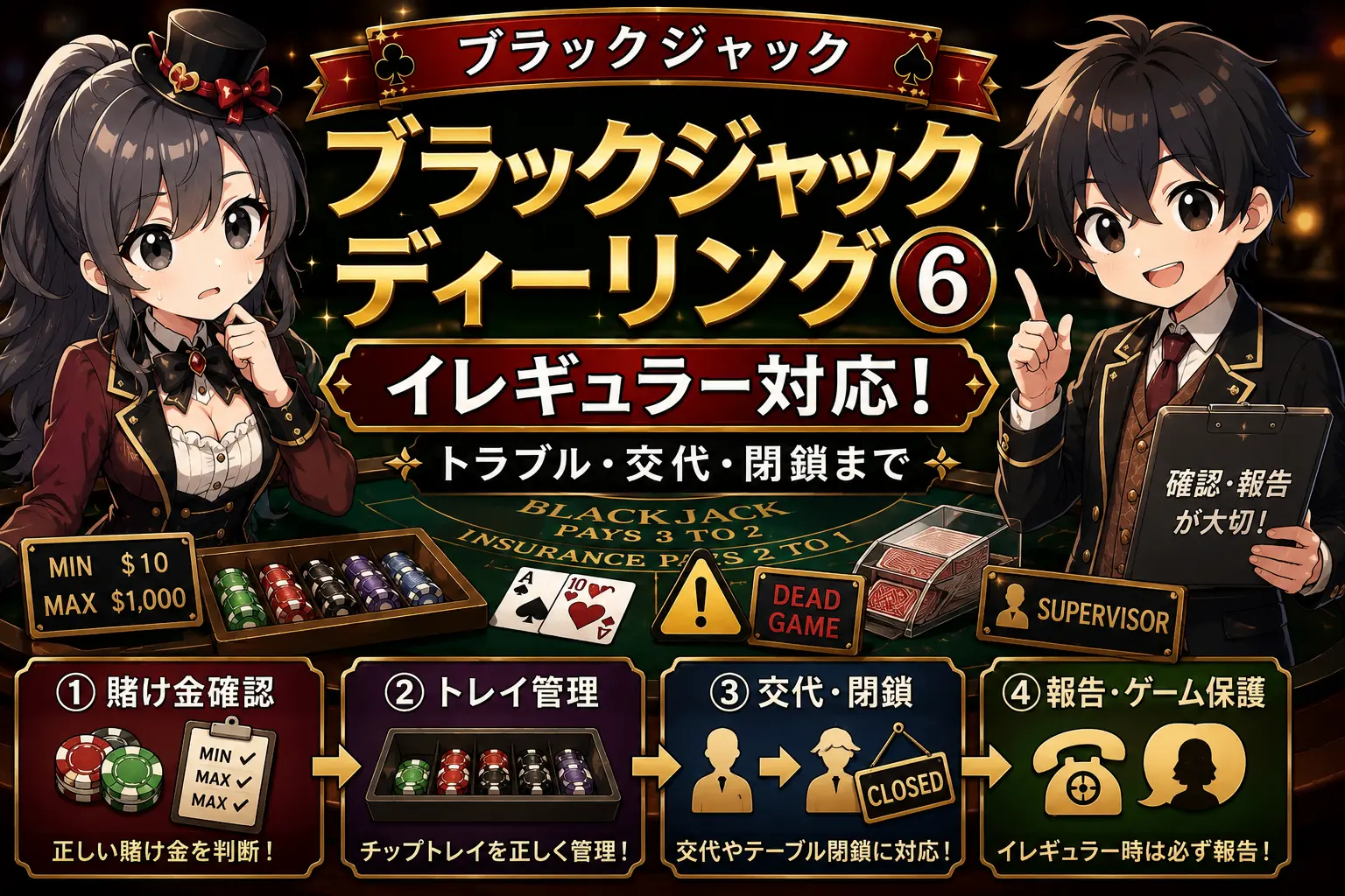カジノ、ブラックジャック、ディーリング、ディーラー、チップトレイ、デッドゲーム、ベット、ミニマム、マキシマム、交代、賭け金、閉鎖、イレギュラー、ゲームプロテクション