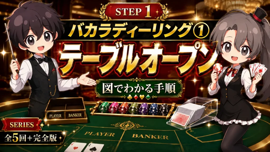 カジノ、casino、ディーラー、dealer、バカラ、baccarat、ディーリング、dealing、テーブルオープン、準備