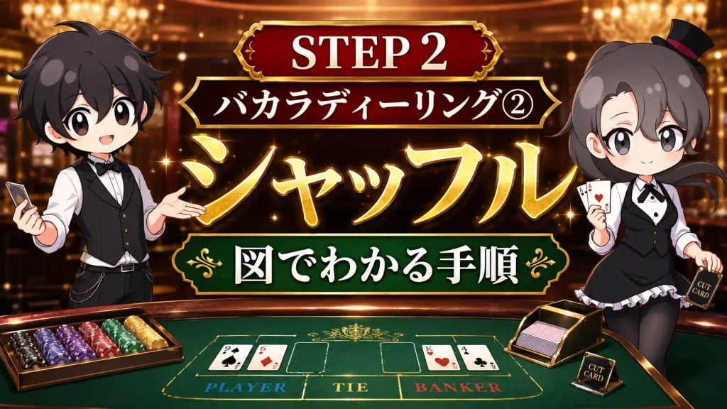 カジノ、casino、ディーラー、dealer、バカラ、baccarat、ディーリング、シャッフル、バーンカード、リフル