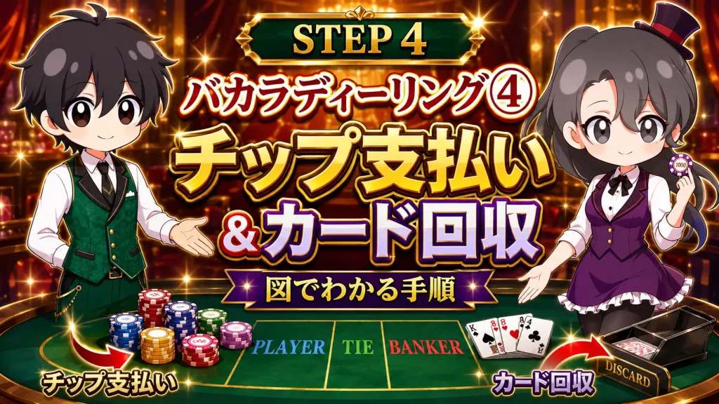 カジノ、casino、ディーラー、dealer、バカラ、baccarat、ディーリング、チップ、回収、カード