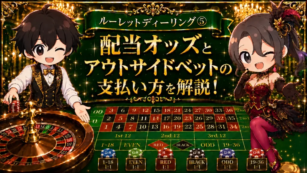 ルーレット, ルーレットディーリング, カジノディーラー, 配当オッズ, アウトサイドベット, ペイアウト, 支払い方, アメリカンルーレット, ルーレット配当, カジノゲーム