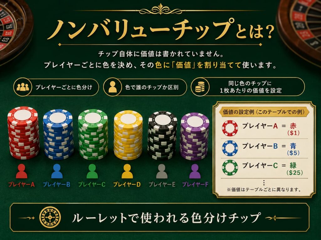 ノンバリューチップ、ルーレット, ディーリング, カジノディーラー, ベット管理, ミニマムベット, マックスベット, オーバーベット, ノーモアベット