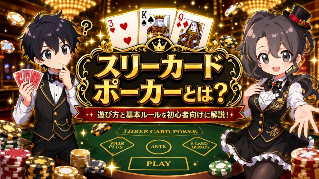 スリーカードポーカー,スリーカードポーカー 遊び方,スリーカードポーカー ルール,スリーカードポーカーとは,Three Card Poker,スリーカードポーカー Ante,スリーカードポーカー Play,スリーカードポーカー Pair Plus,スリーカードポーカー クオリファイ,カジノゲーム,カジノ 初心者,ポーカー 初心者
