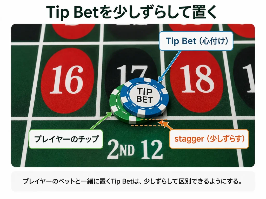 ルーレット,ルーレットディーリング,カジノディーラー,心付け,Tip Bet,Tokes,Tips,イレギュラー対応,No Spin,ノースピン,スーパーバイザー,サーバーチップ,ノンバリューチップ,カラーアップ,ドロップボックス,カジノチップ,アメリカンルーレット