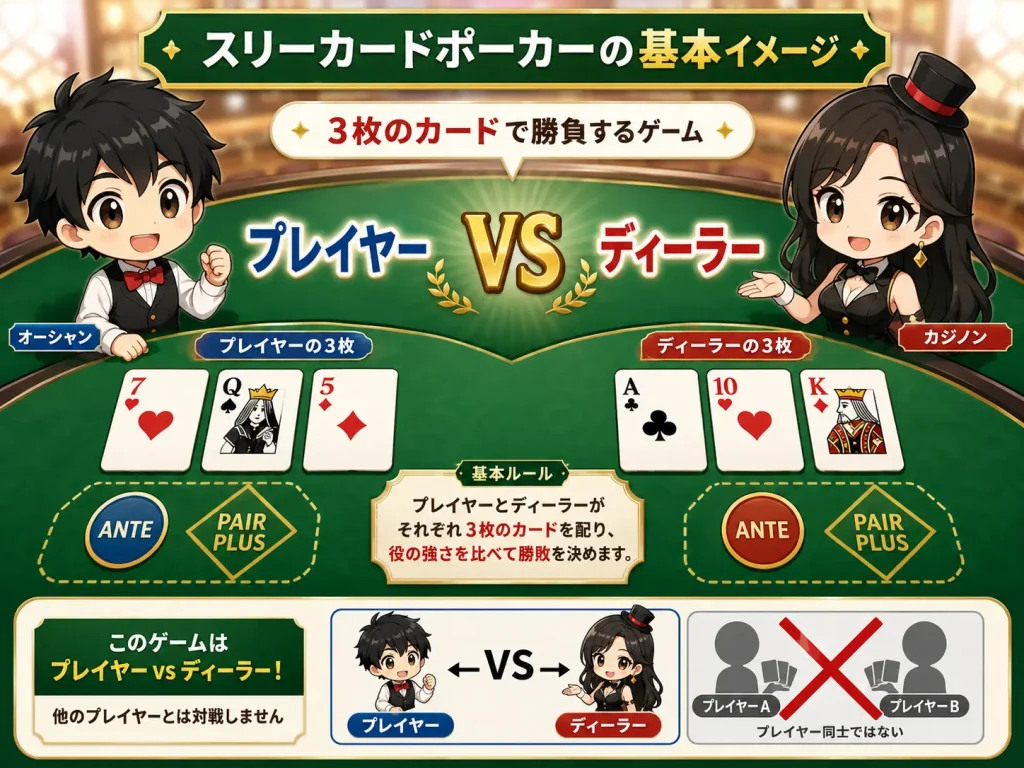 スリーカードポーカー,スリーカードポーカー 遊び方,スリーカードポーカー ルール,スリーカードポーカーとは,Three Card Poker,スリーカードポーカー Ante,スリーカードポーカー Play,スリーカードポーカー Pair Plus,スリーカードポーカー クオリファイ,カジノゲーム,カジノ 初心者,ポーカー 初心者