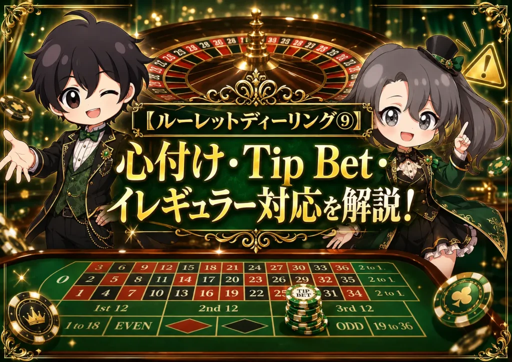 ルーレット,ルーレットディーリング,カジノディーラー,心付け,Tip Bet,Tokes,Tips,イレギュラー対応,No Spin,ノースピン,スーパーバイザー,サーバーチップ,ノンバリューチップ,カラーアップ,ドロップボックス,カジノチップ,アメリカンルーレット