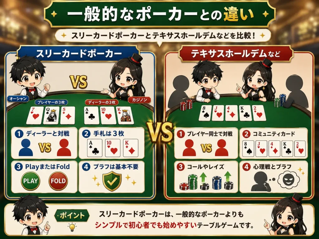 スリーカードポーカー,スリーカードポーカー 遊び方,スリーカードポーカー ルール,スリーカードポーカーとは,Three Card Poker,スリーカードポーカー Ante,スリーカードポーカー Play,スリーカードポーカー Pair Plus,スリーカードポーカー クオリファイ,カジノゲーム,カジノ 初心者,ポーカー 初心者