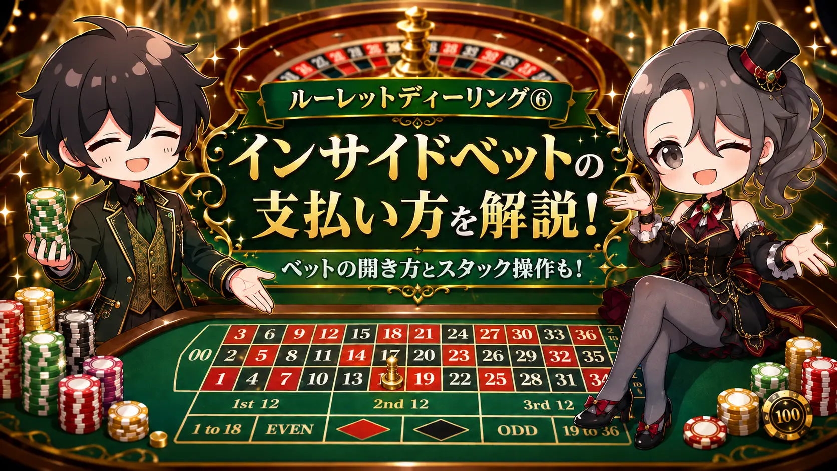 ルーレット, ルーレットディーリング, カジノディーラー, インサイドベット, ペイアウト, ストレートアップ, スプリット, ストリート, コーナー, シックスライン, スタック操作, ベットの開き方, アメリカンルーレット