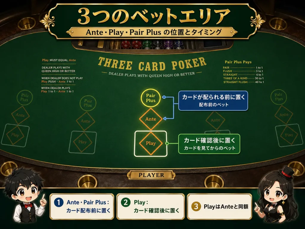 スリーカードポーカー,スリーカードポーカー 遊び方,スリーカードポーカー ルール,スリーカードポーカーとは,Three Card Poker,スリーカードポーカー Ante,スリーカードポーカー Play,スリーカードポーカー Pair Plus,スリーカードポーカー クオリファイ,カジノゲーム,カジノ 初心者,ポーカー 初心者