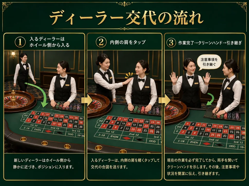 ルーレット,ルーレットディーリング,カジノディーラー,ゲームプロテクション,テーブルクローズ,Past Posting,パストポスティング,デッドゲーム,ディーラー交代,スーパーバイザー,TIS,Table Inventory Slip,ノンバリューチップ,カジノチップ,アメリカンルーレット