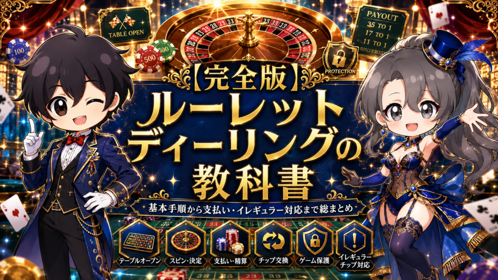 ルーレット,ルーレットディーリング,ルーレットディーラー,カジノディーラー,カジノディーラー講座,アメリカンルーレット,ルーレットの教科書,ルーレットのルール,ルーレットの配当,インサイドベット,アウトサイドベット,テーブルオープン,フロート確認,スピン,ノーモアベット,No Spin,ノースピン,ドリー,キャッシュチェンジ,カラーチェンジ,カラーアップ,ゲームプロテクション,テーブルクローズ,Tip Bet,心付け,イレギュラー対応