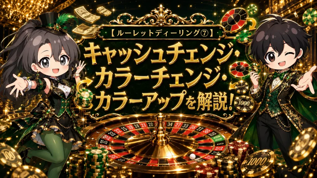 ルーレット,ルーレットディーリング,カジノディーラー,キャッシュチェンジ,カラーチェンジ,カラーアップ,ノンバリューチップ,バリューチップ,カジノチップ,ゲームプロテクション