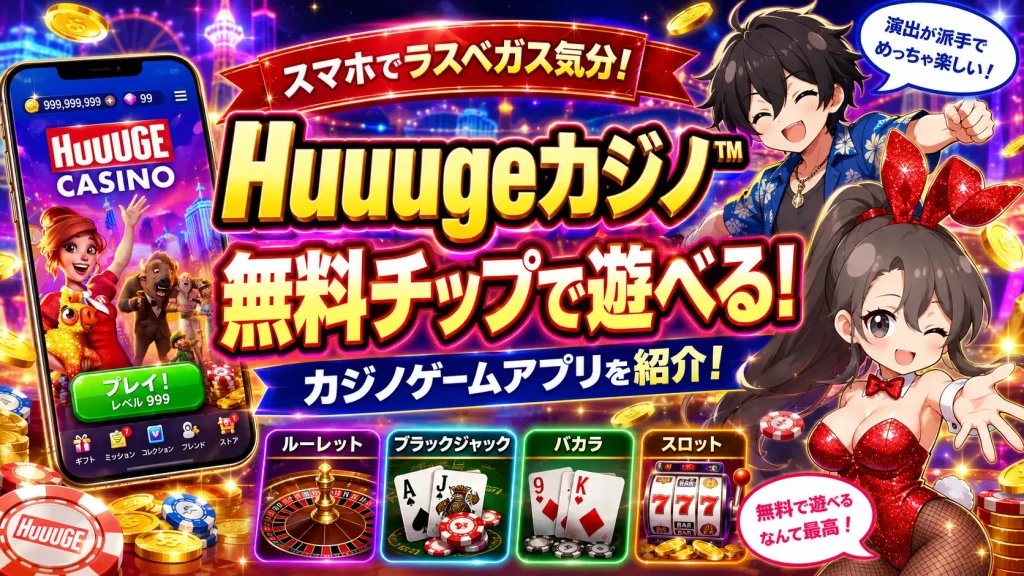 Huuugeカジノ, Huuugeカジノ アプリ, Huuugeカジノ 無料チップ, Huuugeカジノ 評判, Huuugeカジノ 面白い, カジノゲーム アプリ, カジノゲーム 無料, スロット アプリ 無料, スマホ スロットゲーム, ソーシャルカジノ, 無料チップ カジノアプリ, ルーレット アプリ, ブラックジャック アプリ, バカラ アプリ, スマホでカジノ気分